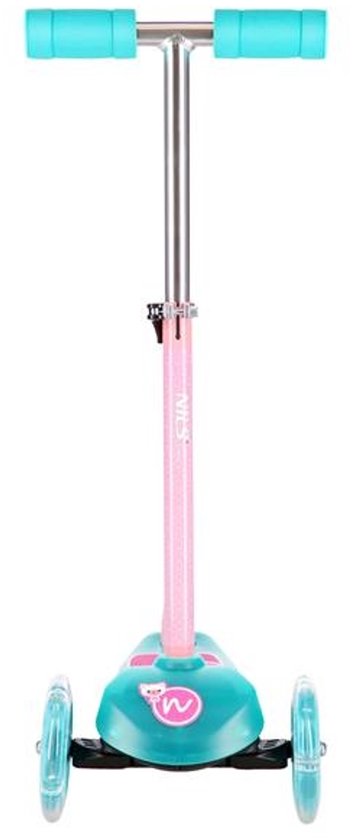Trottinette rose pailletée avec guidon et roues turquoise. Avec repose-pieds turquoise et imprimé chat.