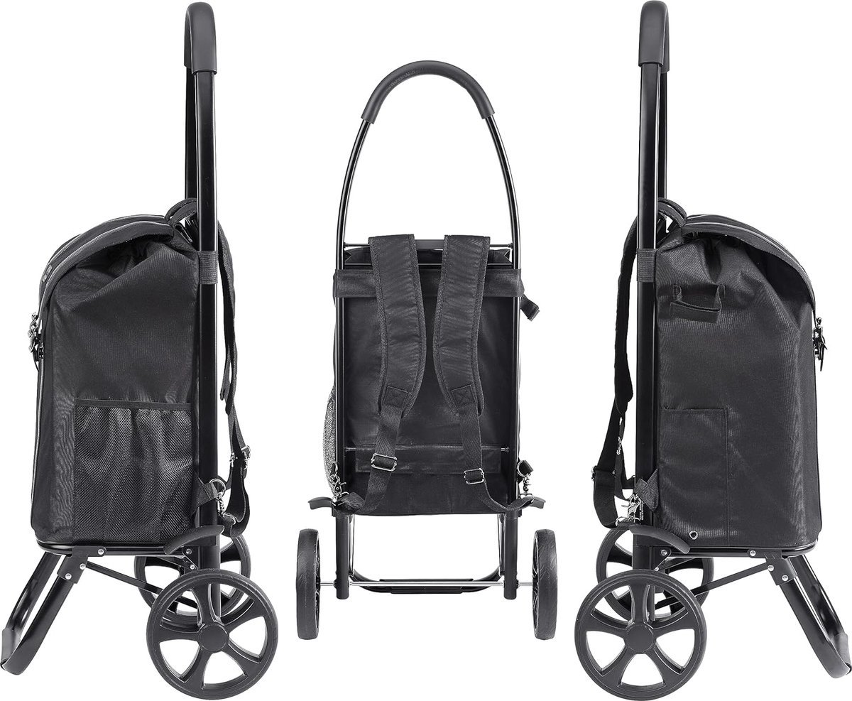 Meister Boodschappentrolley 45L – Zwart – Opvouwbaar Aluminium Frame – 2-in-1 Rugzak