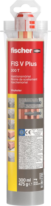 Fischer Injectiemortel FIS V Plus 300 T in transparante verpakking, met rode en witte fles met gele en grijze labels.