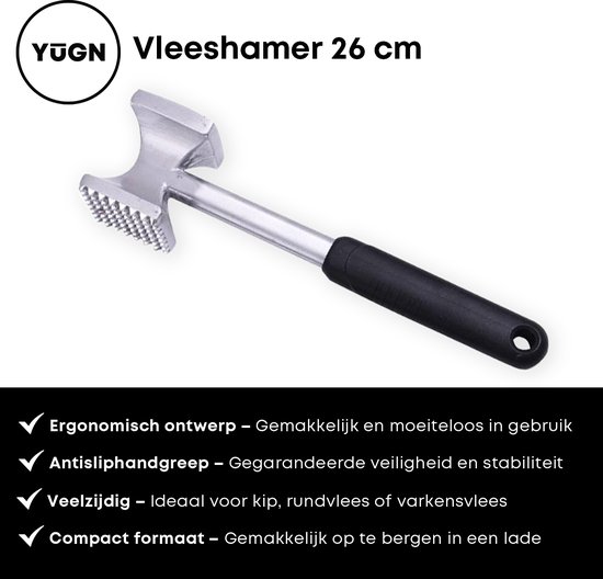 Maillet à viande YUGN 26 cm, couleur argent avec manche noir.