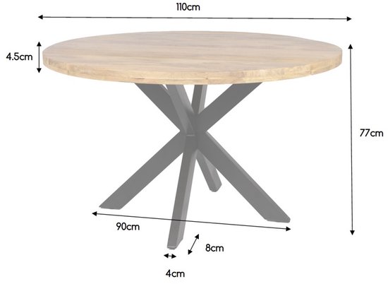 Afmetingen ronde eettafel: 110cm breed, 77cm hoog, 90cm diep. Bladdikte 4.5cm, pootdikte 8cm en 4cm.