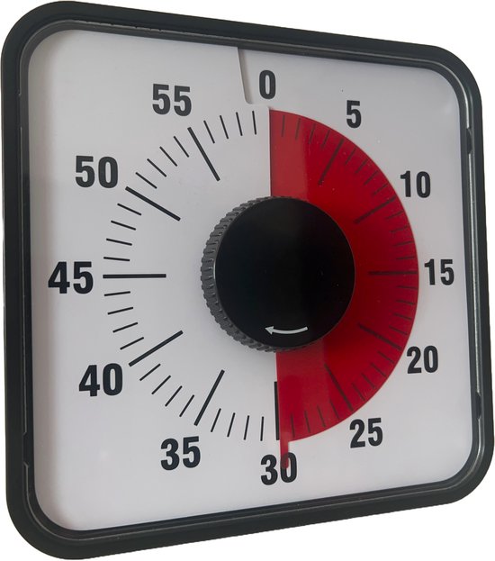 Witte timer met zwarte knop en rode markering van 0 tot 25 minuten.