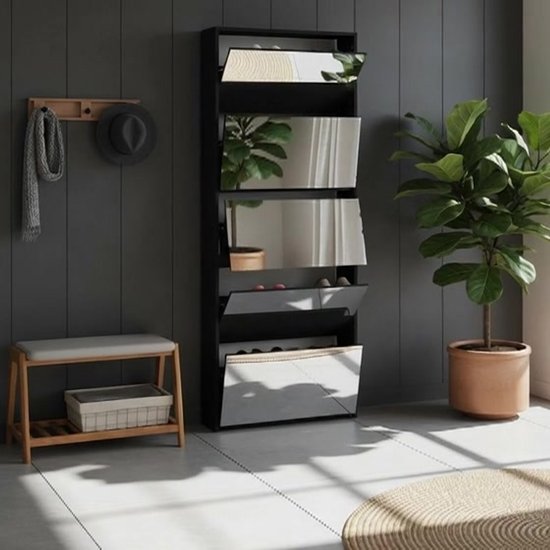 Pugsdrly Moderne Schoenenkast Met Spiegel, 4 Neerklapbare Opbergvakken Verstelbare Plank Achter De Rechter Spiegel Ideaal Voor In De Gang Wit Afmetingen L80 H147 P24 Cm 6097843548879