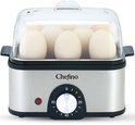 Zilverkleurige Chefino eierkoker met 8 witte eieren onder een transparant deksel. De eierkoker heeft een zilveren draaiknop en een rode indicatorlampje.