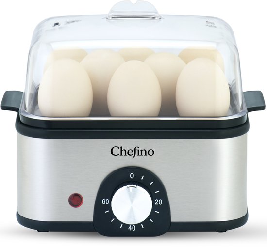 Zilverkleurige Chefino eierkoker met 8 witte eieren onder een transparant deksel. De eierkoker heeft een zilveren draaiknop en een rode indicatorlampje.