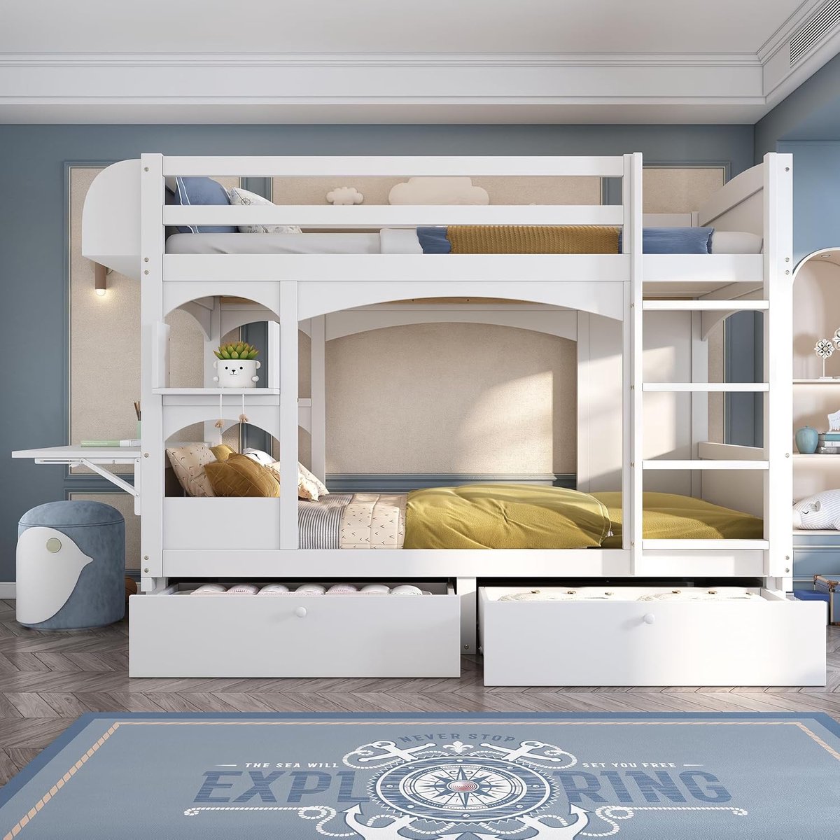 Stapelbed Hoogslaper met Inklapbaar Bureau en Laden 90x200 cm – Kinderbed Massief Hout met Ladder, Lattenbodem en Opbergruimte – Multifunctioneel Hoogslaper Bed voor Kinderen – Wit – Medahomestore