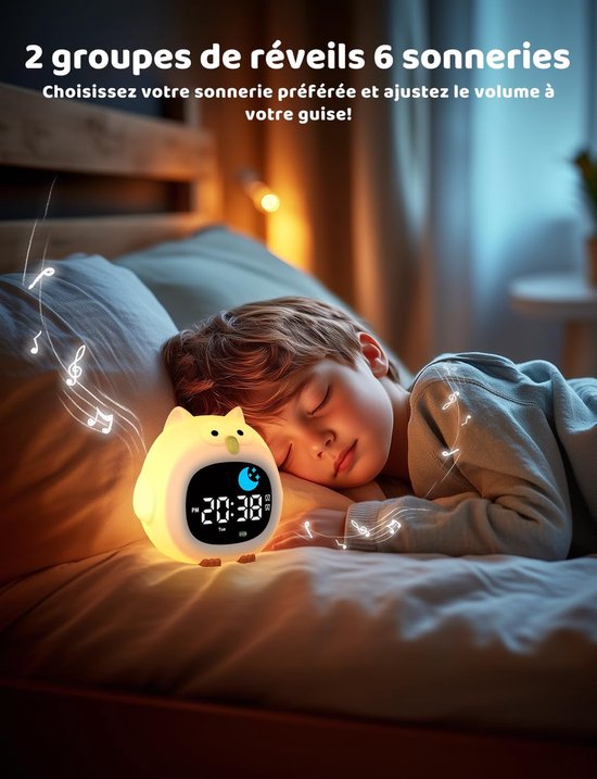 Kinderwekker Educatieve dag/nacht 2 alarmen/12/24 uur/snooze Verstelbare schermhelderheid Nachtlampje 7 kleuren Digitaal ochtendalarm 10 liedjes Automatisch uitschakelen — afbeelding 2