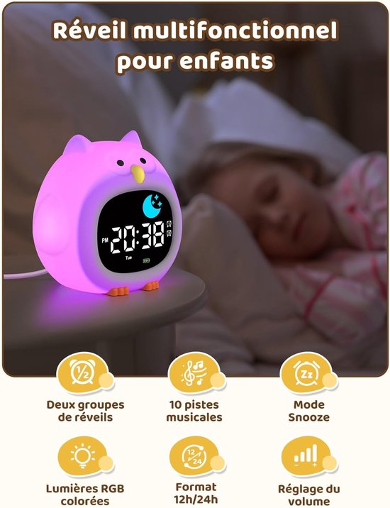 Kinderwekker Educatieve dag/nacht 2 alarmen/12/24 uur/snooze Verstelbare schermhelderheid Nachtlampje 7 kleuren Digitaal ochtendalarm 10 liedjes Automatisch uitschakelen — afbeelding 5