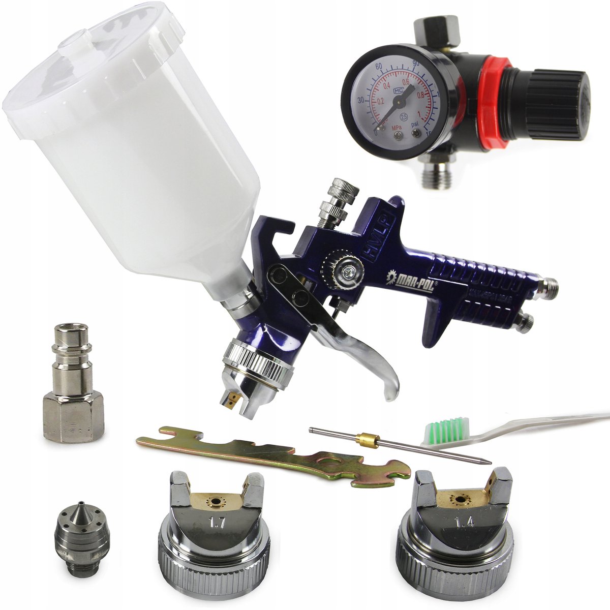 HVLP-spuitpistool 1,4/1,7 mm met manometer en tank van 600 ml