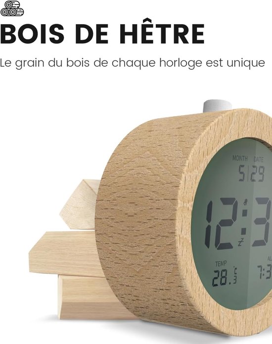Houten digitale wekker, LCD-digitale klok met datum, temperatuur, snooze-functie, achtergrondverlichting, digitale klok op batterijen [Vereist 3 AAA-batterijen] van houten — afbeelding 5