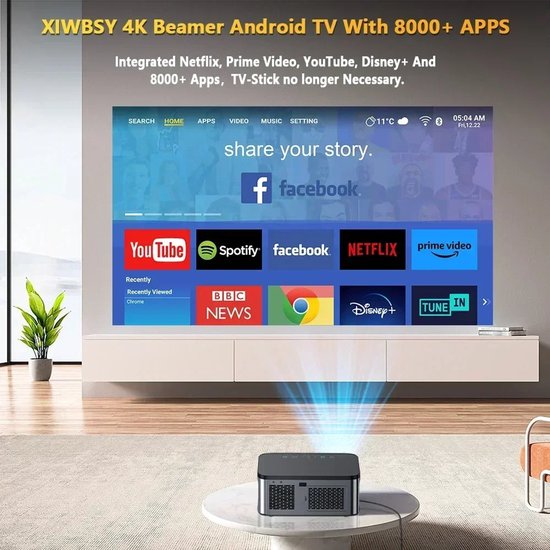 Xiwbsy - Beamer - Projector Beamer - Projector 4k - 1080P - Automatische focus - met WiFi 6 - 25000 Lumens - Buiten- en thuisprojector - Android 4K - Zwart