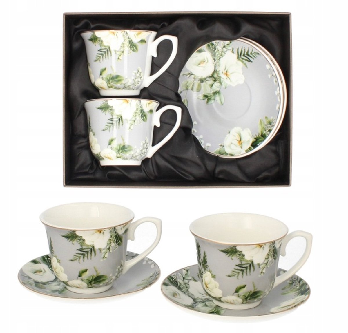 Livello Theeservies: 2 Porseleinen Kopjes met Bloemendecor en Schhotels