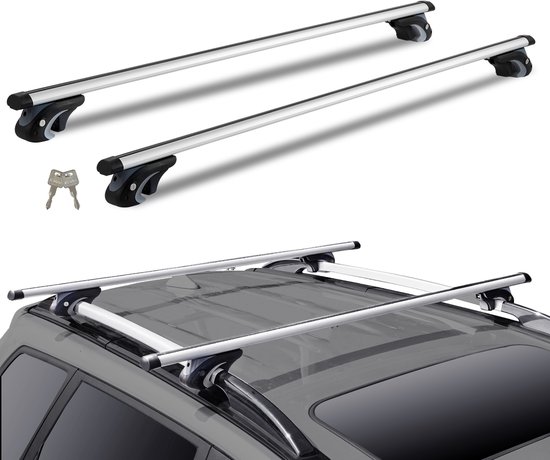Set zilverkleurige dakdragers van 132 cm met zwarte bevestigingsvoeten en sloten, met bijbehorende sleutels. Gemonteerd op het dak van een SUV.