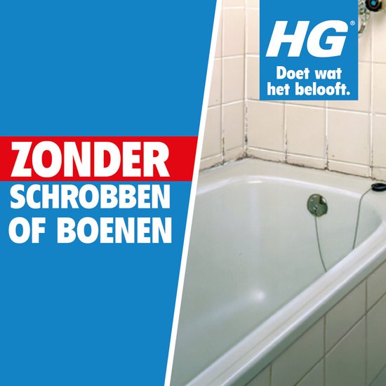 Badkuip met betegelde muur, met de tekst "ZONDER SCHROBBEN OF BOENEN" en HG logo.