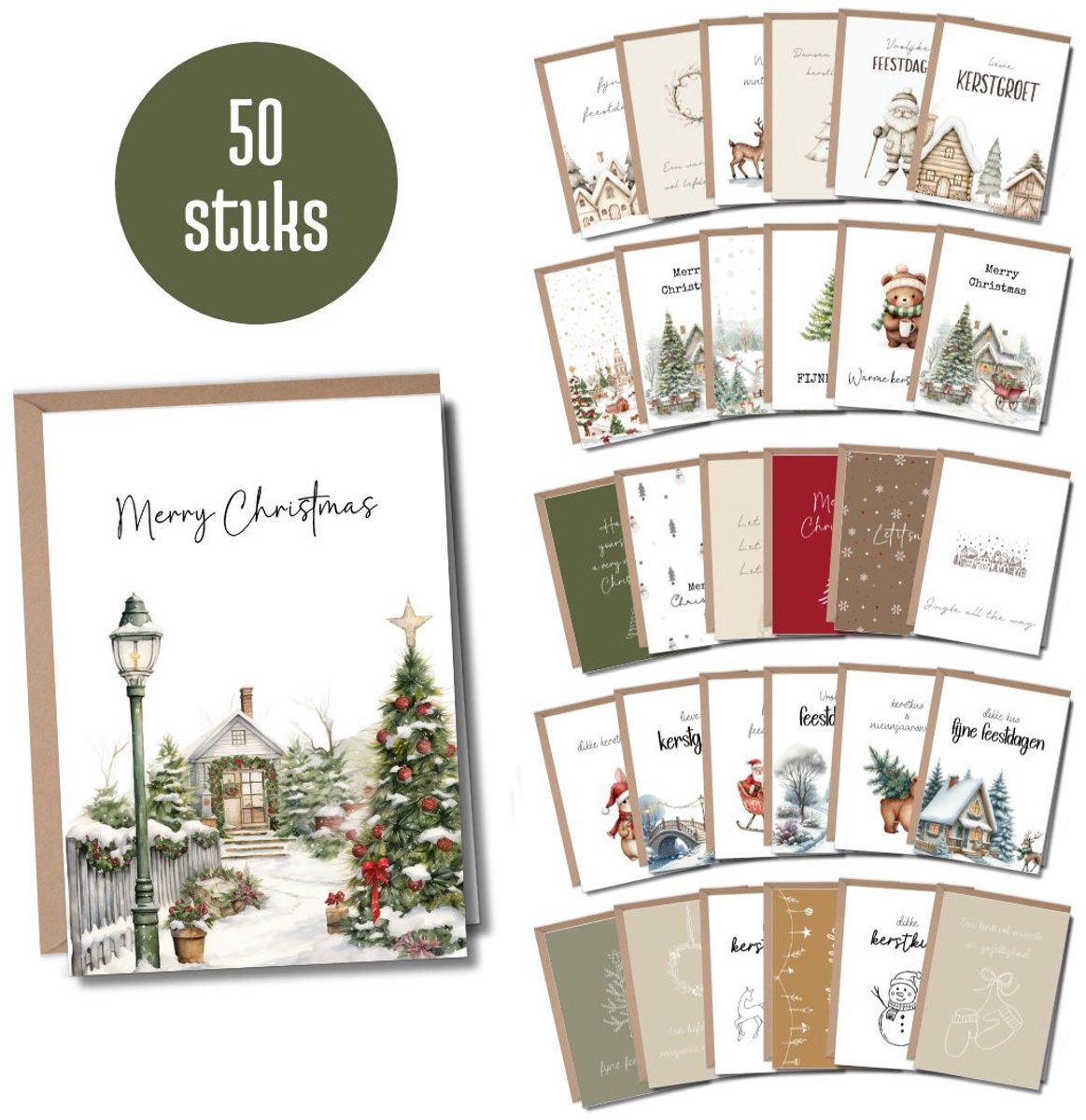 Luxe Kerstkaarten Set - 50 Wenskaarten met Enveloppen - A6 formaat - Kerstkaartjes - 50 stuks - Nieuwjaarskaarten - Duurzaam - Blanco - Nederlands