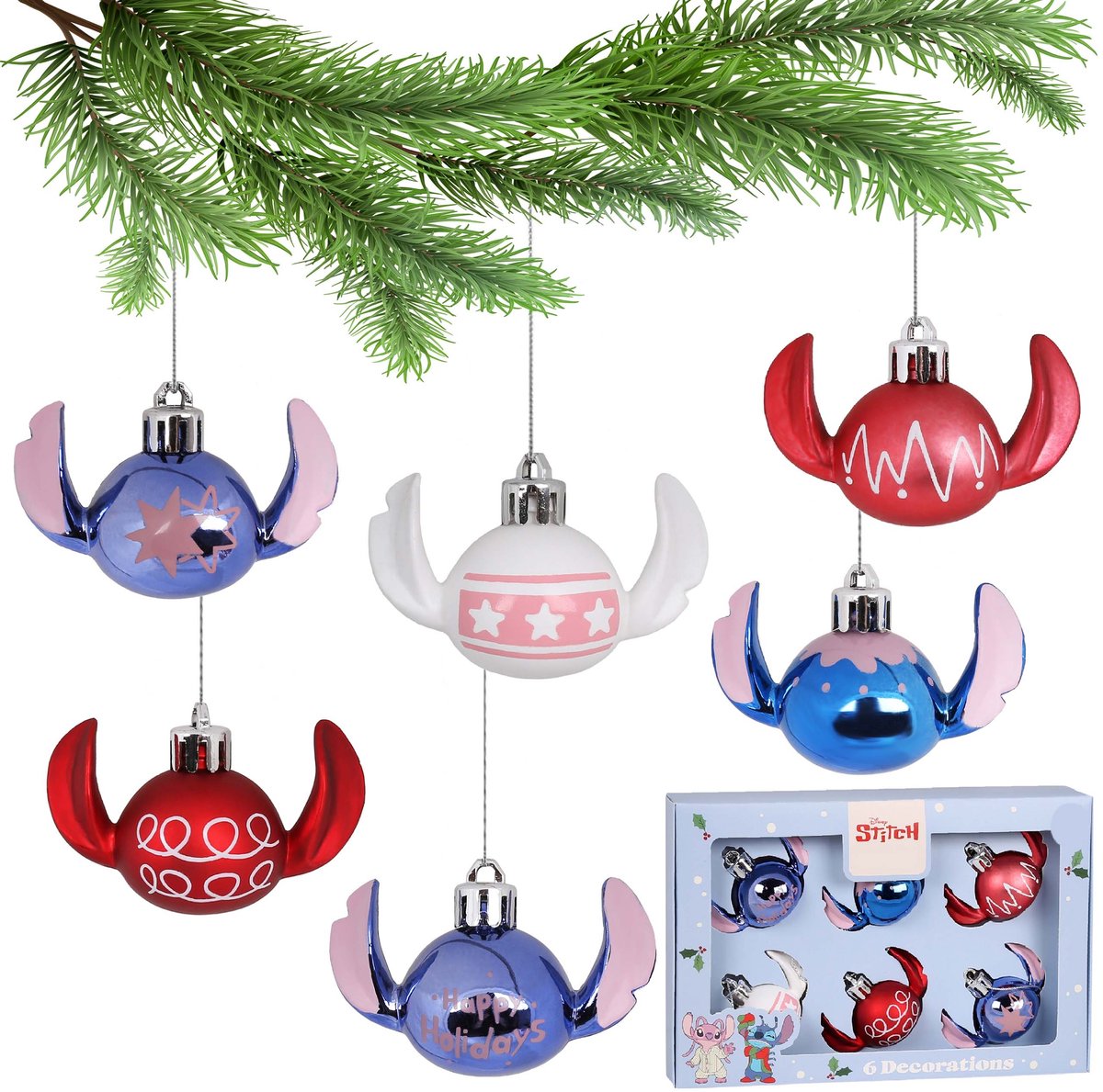 DISNEY Stitch SET kerstballen, ONBREEKBAAR, PLASTIC kerstversiering, SET 6 stuks