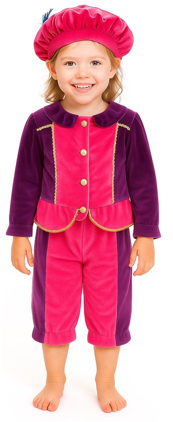 Foto: 3 delig pietenpak pietenkostuum unisex roze paars maat 6 8 jaar