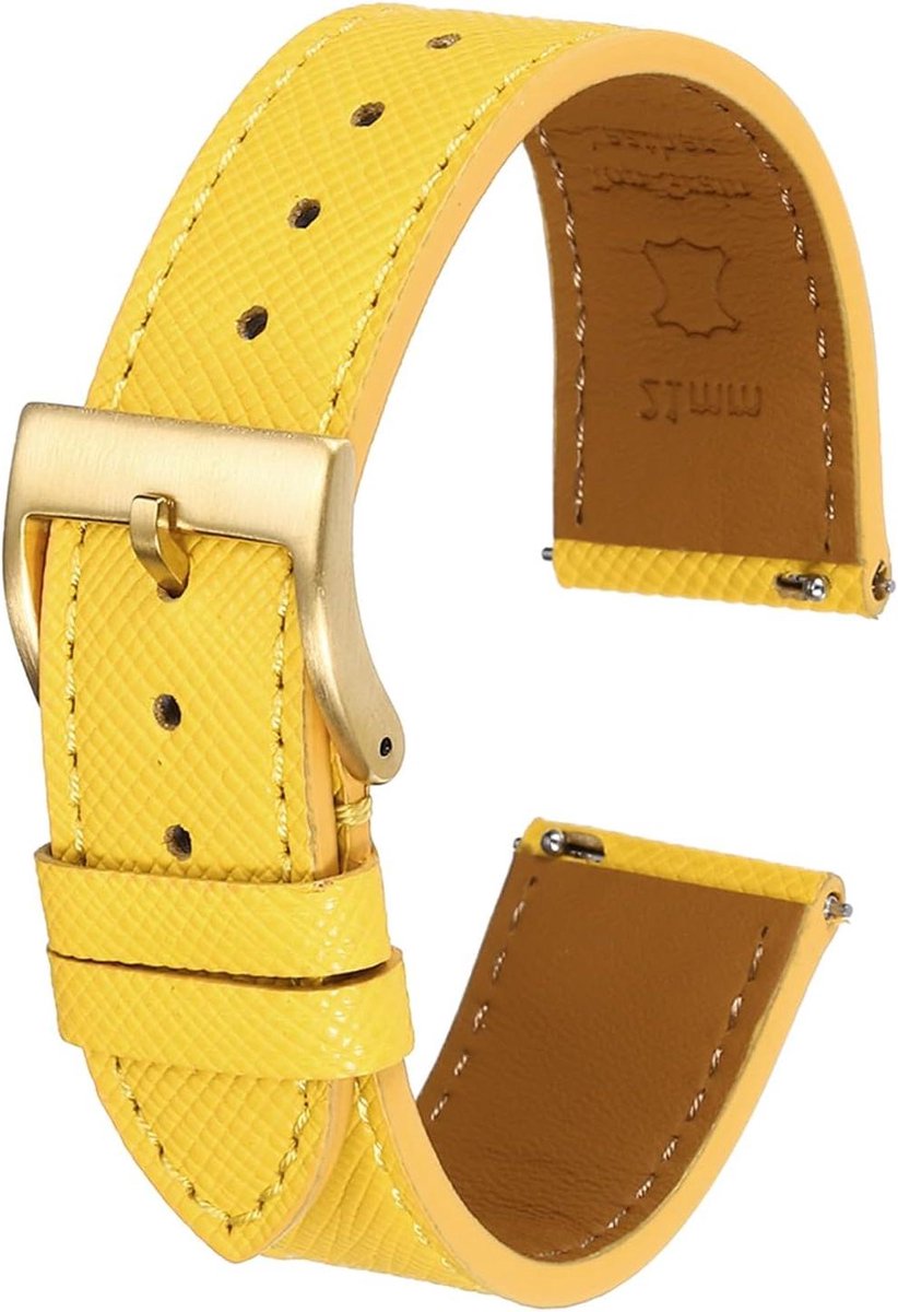 Lederen Horlogebandje 21mm met Snelwissel - Reservearmband RVS Gouden Gesp - Unisex Geel