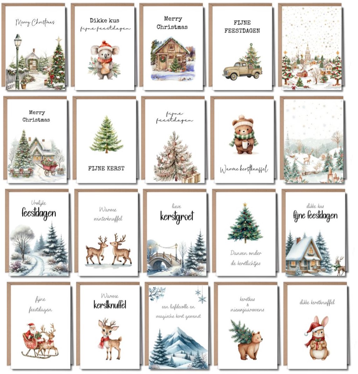 Luxe Kerstkaarten Set - 20 Wenskaarten met Enveloppen - A6 formaat - Kerstkaartjes - 20 stuks - Nieuwjaarskaarten - Duurzaam - Blanco - Nostalgisch