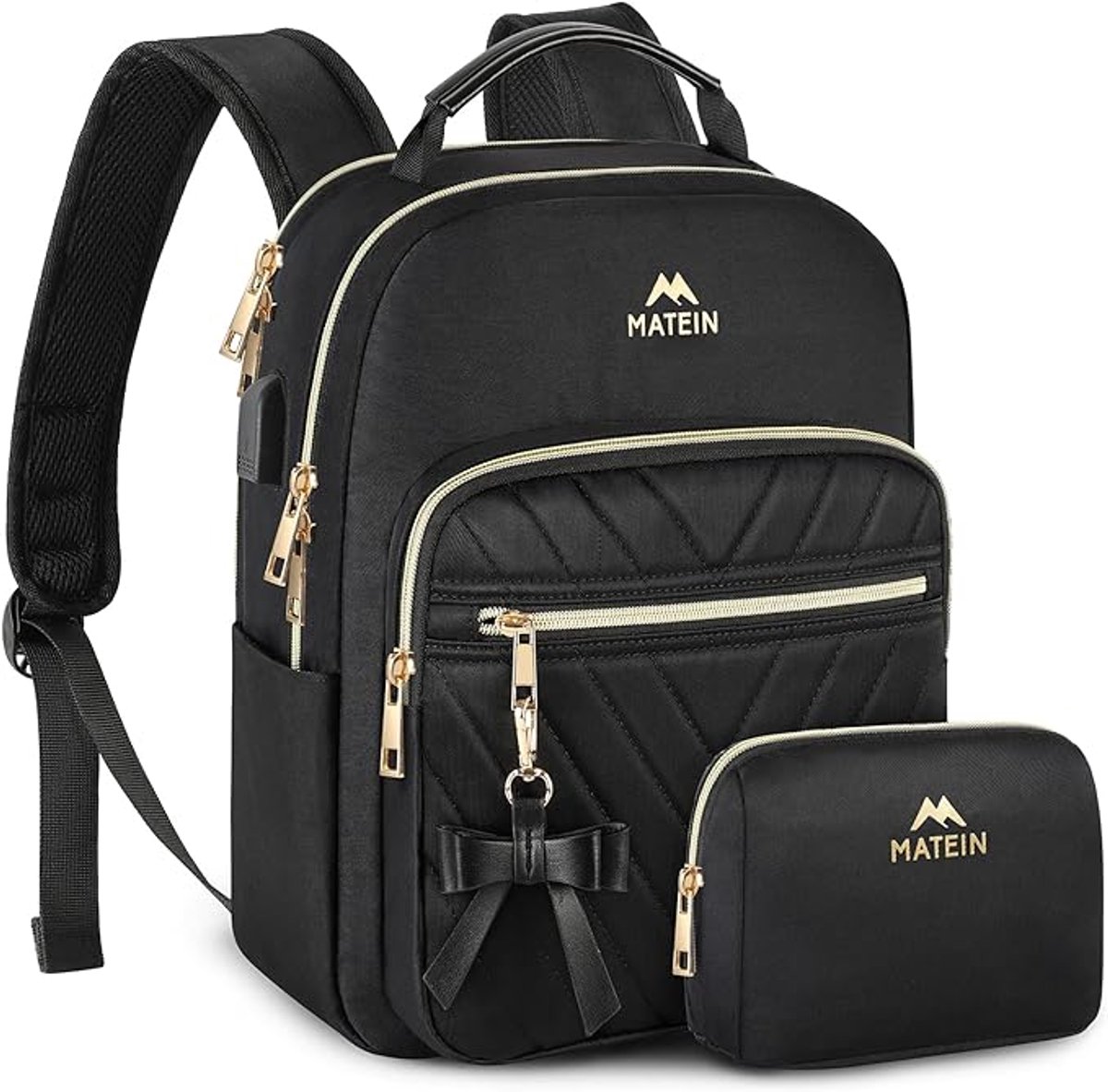 MATEIN Mini Schoolrugzak voor Meisjes, Tieners en Dames – Laptop Rugzak voor 13 Inch Laptop of Tablet met USB-poort, Dagrugzak voor School, Studie, Werk en Reizen, Inclusief Make-uptasje en Organizer, Zwart