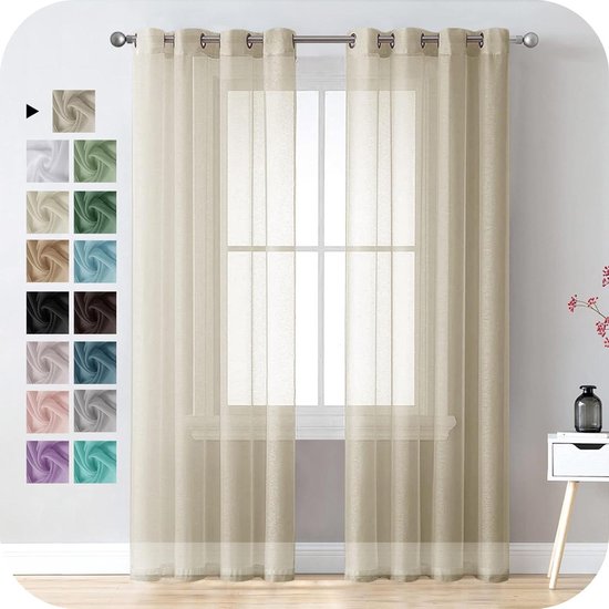 Joydeco Gordijnen, set van 2 stuks, in linnenlook, 100% ondoorschijnend, met gecoate achterkant, met inslagringen, verduisteringsgordijn, warmte- isolerend, warmte-werend, voor de slaapkamer, woonkamer