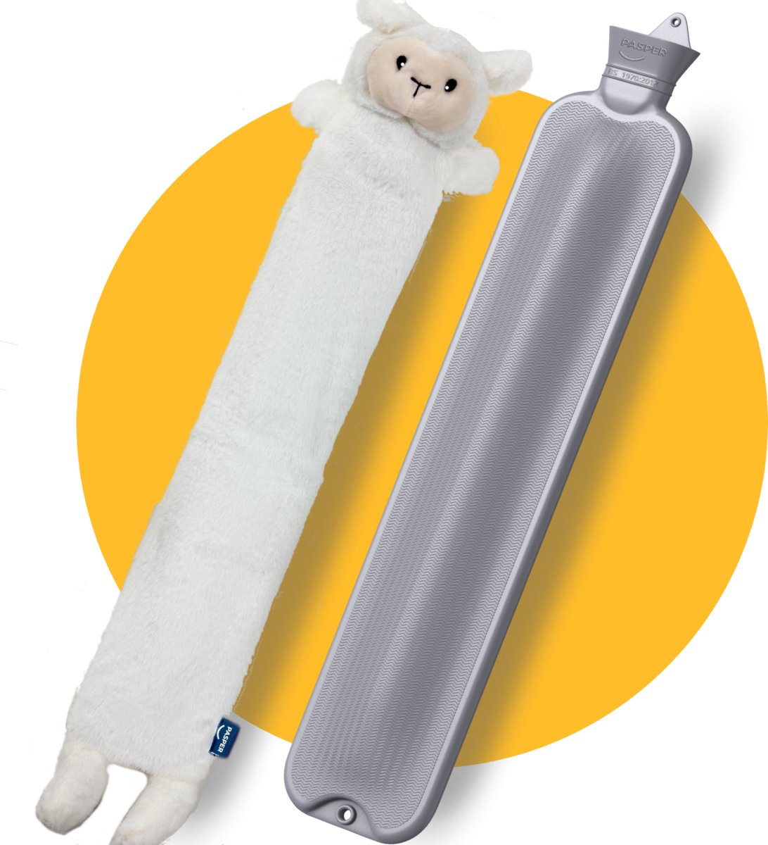 Pasper extra lange kruik 75 cm met hoes - 3.5 liter warmwaterkruik - naadloos ontwerp - schaap - 8 uur warmte - kruikzak