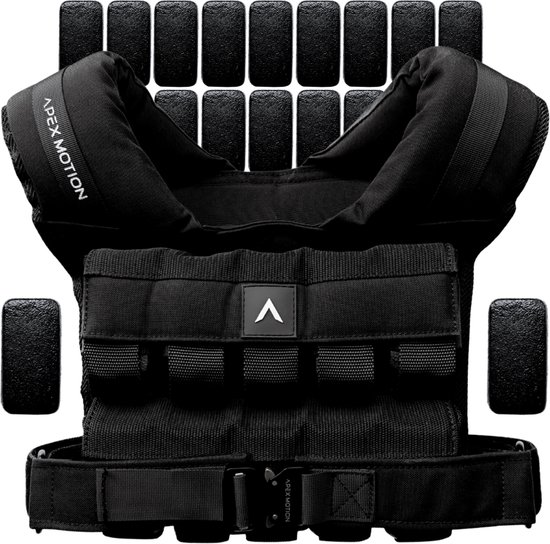 APEX MOTION Gewichtsvest 20KG – Weight Vest – Verstelbaar Gewicht – One Size Fits All – Metalen Gesp – Fitness – Calisthenics – CrossFit – Full Black