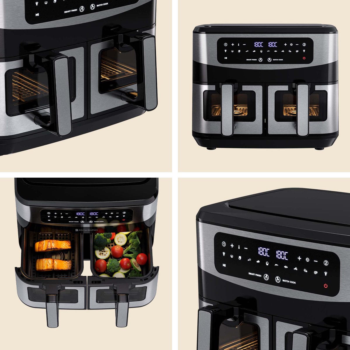 KitchenBrothers Dubbele Airfryer - 2400W - Dual Zone - 9L - afbeelding 2