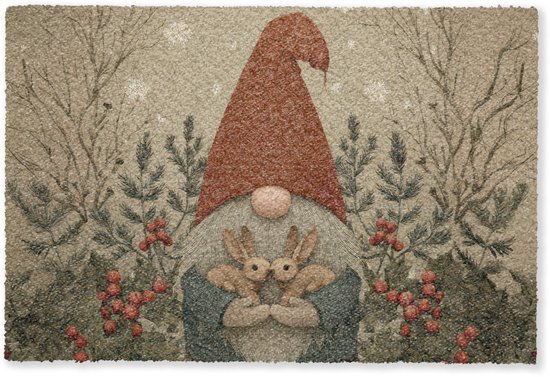 Deurmat met kerstgnome met rode muts, die konijntjes vasthoudt, omringd door winterse takken en bessen.