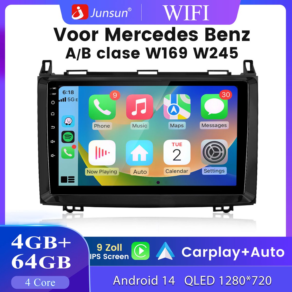 JUNSUN V3 Pro - Android Autoradio Geschikt voor Mercedes-Benz A/B Klasse/Vito W169 W639 W245 - WiFi 4GB+64GB - Android 15 Octa-Core - Draadloos CarPlay & Android Auto & GPS Navi & SWC & Bluetooth & USB