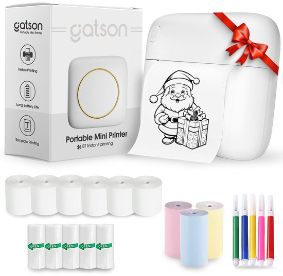 Gatson - Mini Printer pour mobile - Printer de poche - Imprimante photo mobile - Comprend 14 rouleaux de Papier (autocollant, normal et couleur) + 5 stylos