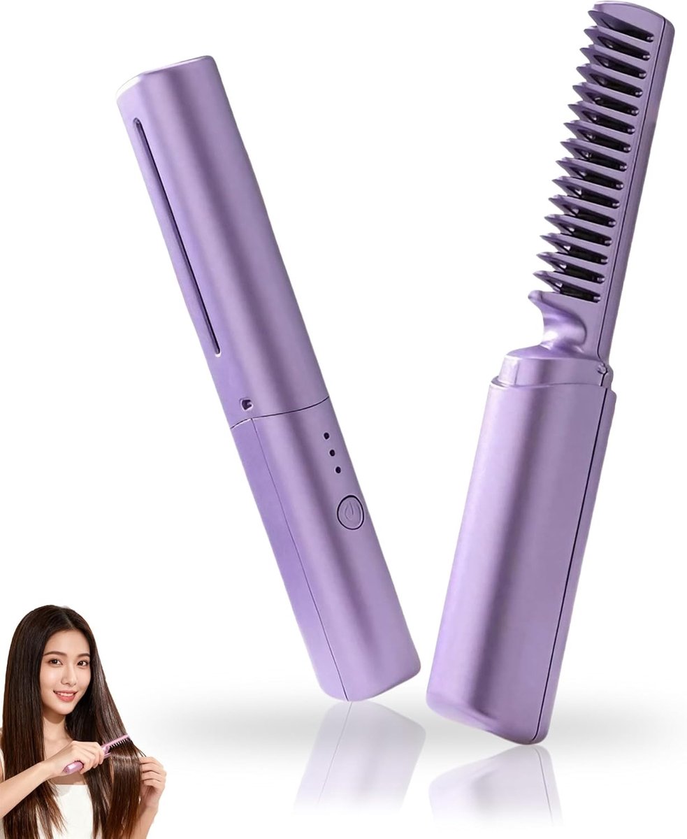 Nieuwste haarborstel, draadloze stijl- en krulborstel, 2-in-1 snel verwarmende haarstylingtool, draagbare stylingtool voor alle haartypes (paars)