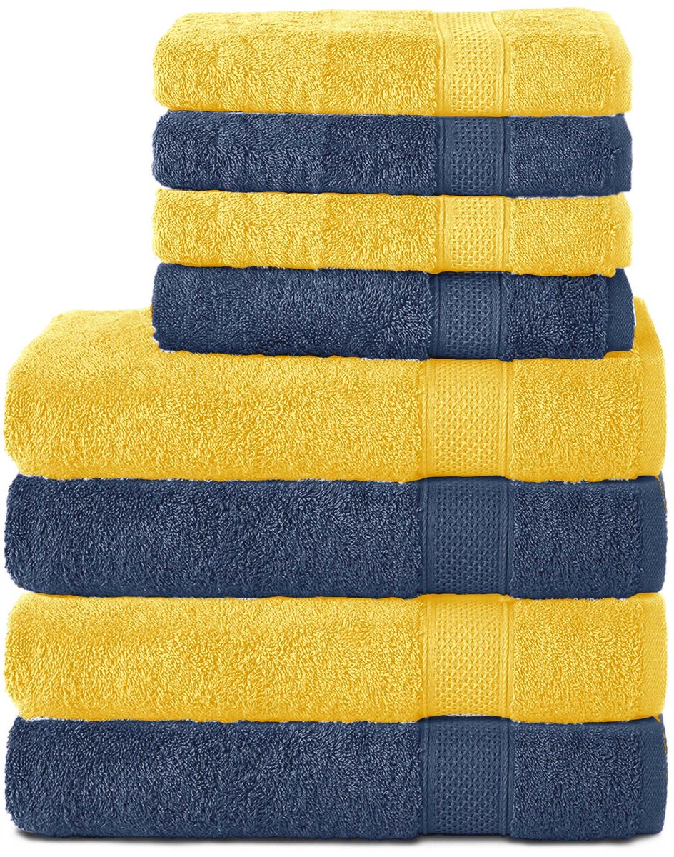 Komfortec Handdoekenset – Set van 8 - 4x Handdoek 50x100 cm en 4x Badhanddoek 70x140 cm - 100% Katoen - Marineblauw&Geel