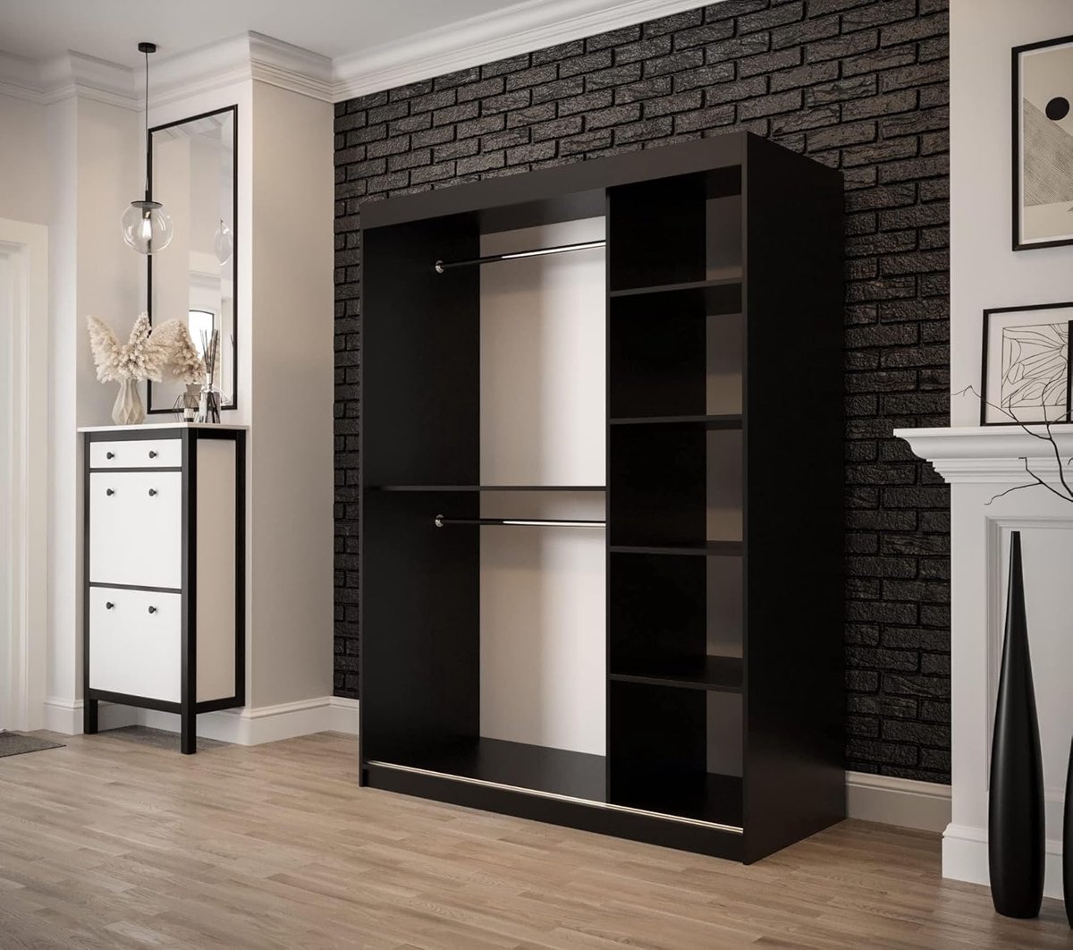 Old Style T1 Schuifdeurkast 150 cm – Kledingkast met Spiegelplank en Ruime Opbergruimte – Modern Design Zwart Matte / Oude Stijl