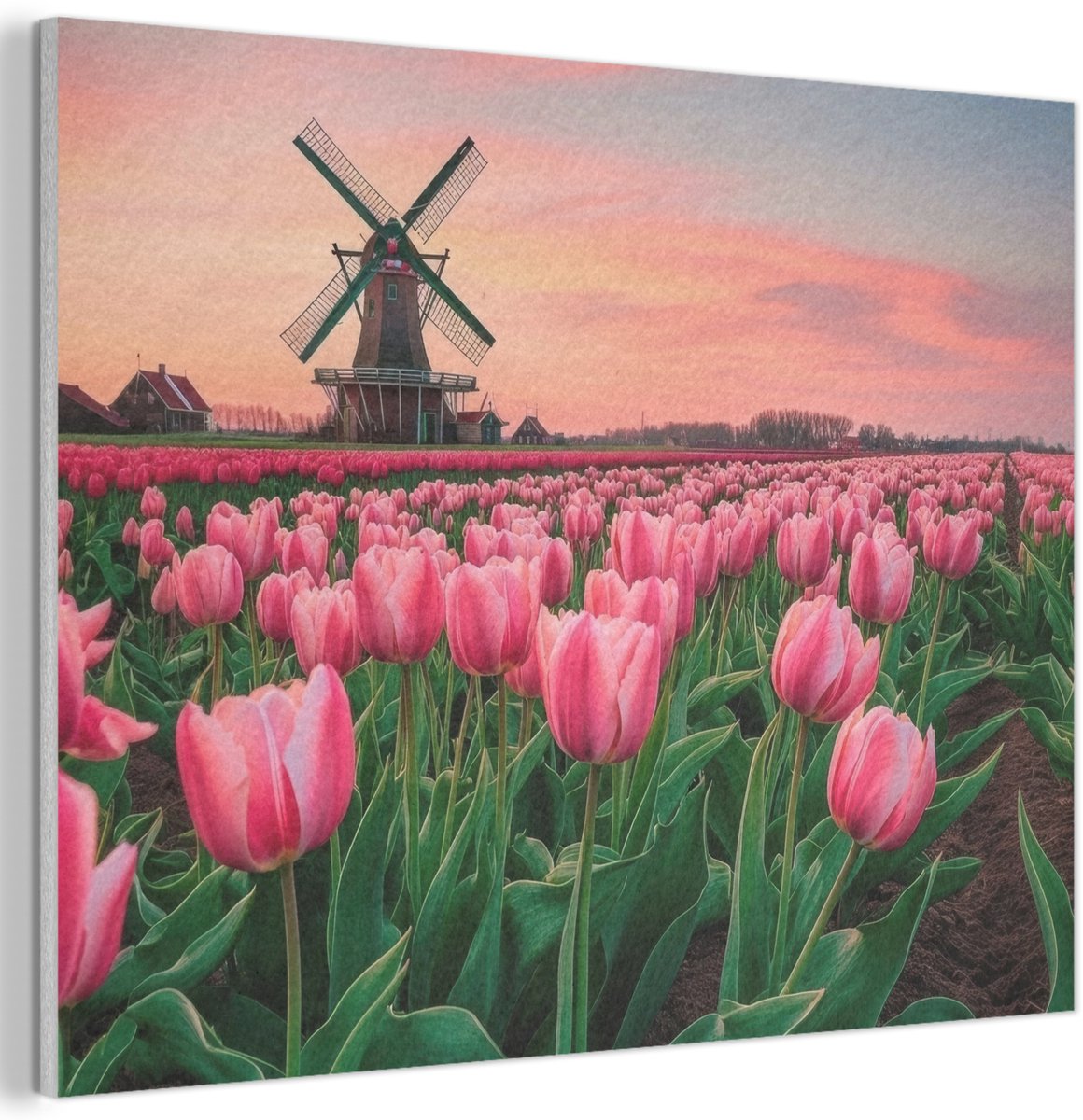 Akoestisch wandpaneel 100x70 cm - Vilt schilderij Tulpen - Molen - Nederland - Akoestische panelen - Geluidsdempende wanddecoratie - Geluidsisolatie woonkamer - Muurdecoratie geluidspanelen