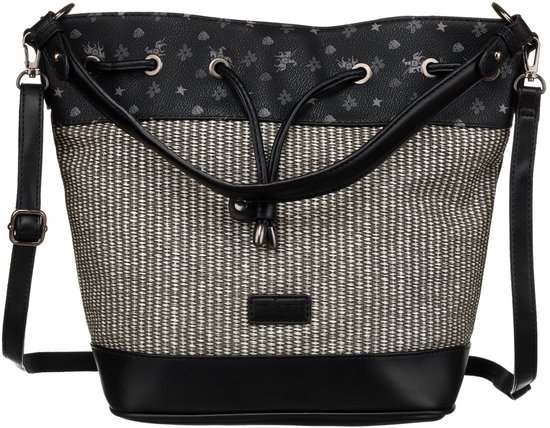 Zwarte David Jones tas met grijs gevlochten textiel en zwart leer, met sterren- en bloemenprint.