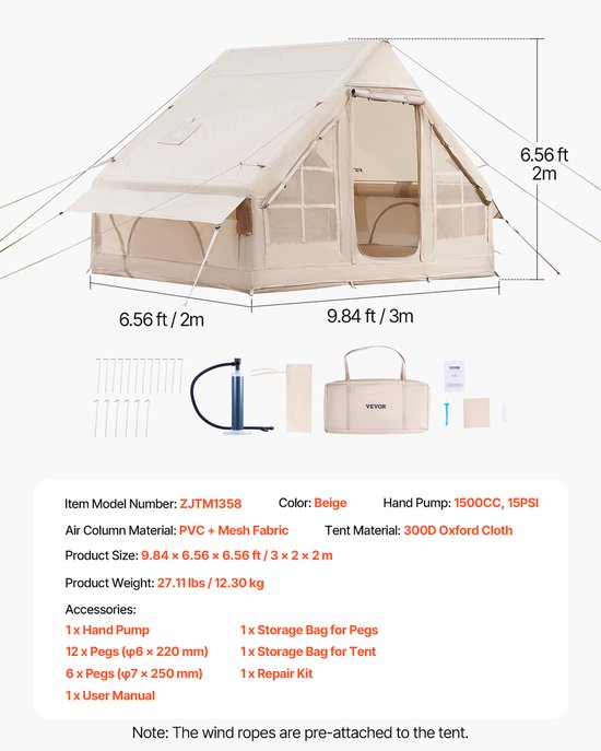 VEVOR Opblaasbare Tent voor Kamperen 3-5 Persoons Glamping Tent met Pomp 3x2x2m van Merkloos — afbeelding 3