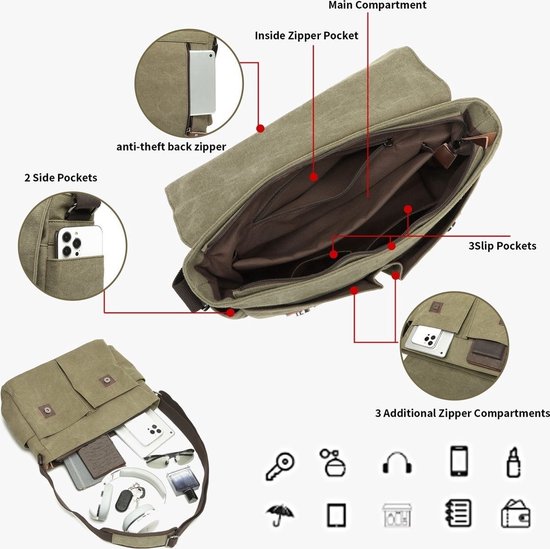 Bagwise® - Sac Bandoulière - Besace - Toile - Vintage -avec épaulette - 1305- Vert