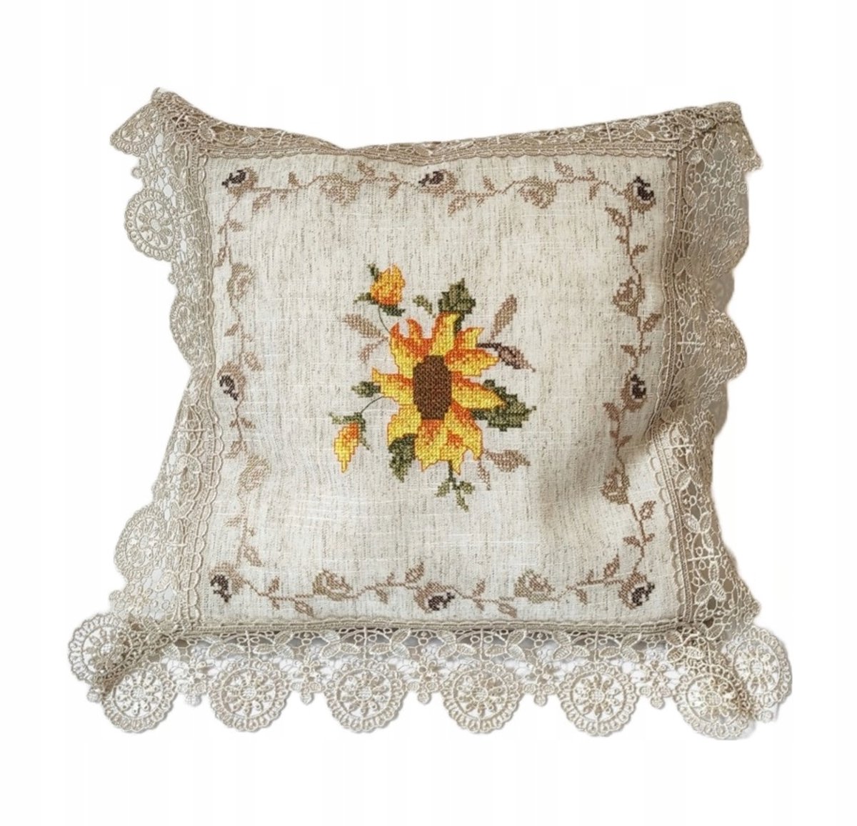 Decoratieve Kussenhoes met Zonnebloemen en Kant, Beige