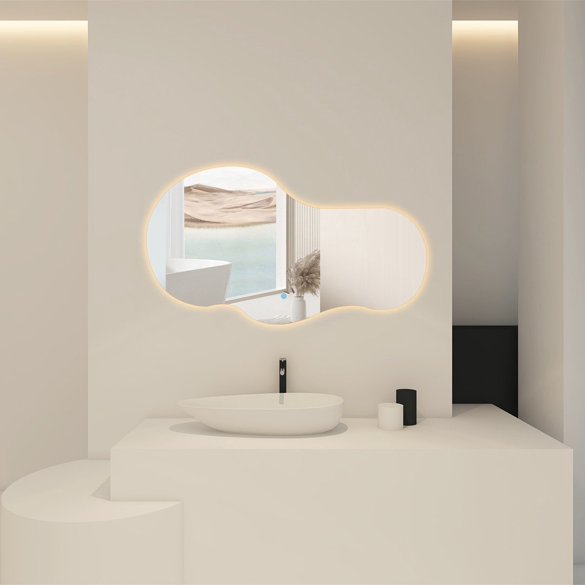 Badkamerspiegel met LED Verlichting en Verwarming 120cm - Afimera Nebula - Randloos - Wandspiegel Organische Vorm - Touch Bediening - Dimbaar - Aanpasbare Lichtkleur