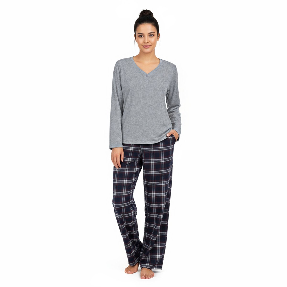 La V La-V pyjamaset voor dames met geruite flanel broek en V hals met knoopjes - Grijs