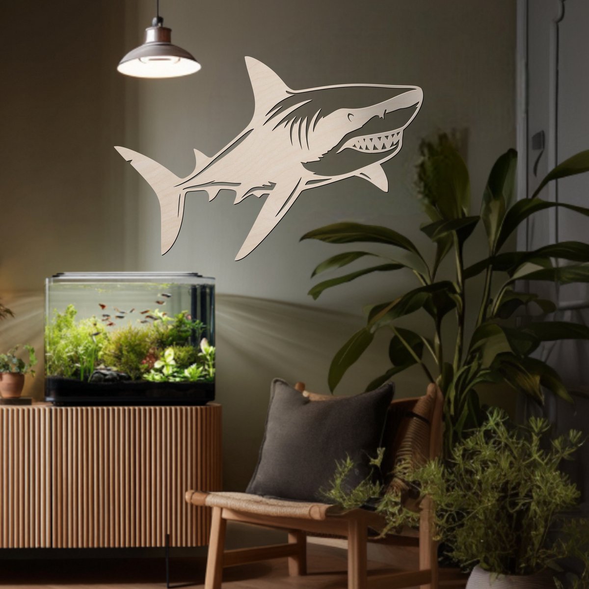 Haai chilling – wanddecoratie – Laser gesneden – multiplex berken – 60x37cm - Moderne Muurdecoratie