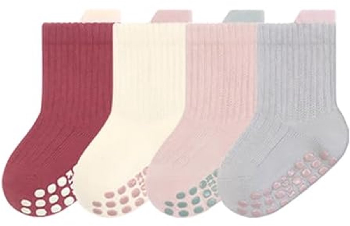 Antislipsokken voor baby's en kinderen, 4 paar unisex katoenen ademende antislipsokken voor pasgeborenen, winter-, herfst- en lentesokken, geschikt voor meisjes en jongens van 1 tot 3 jaar.