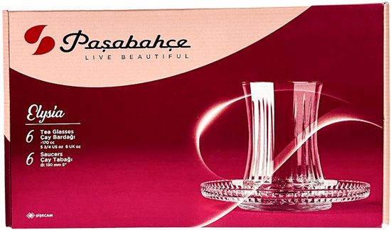 Doos met Paşabahçe Elysia theeglazen en schoteltjes, met illustratie van glazen op rood vlak.