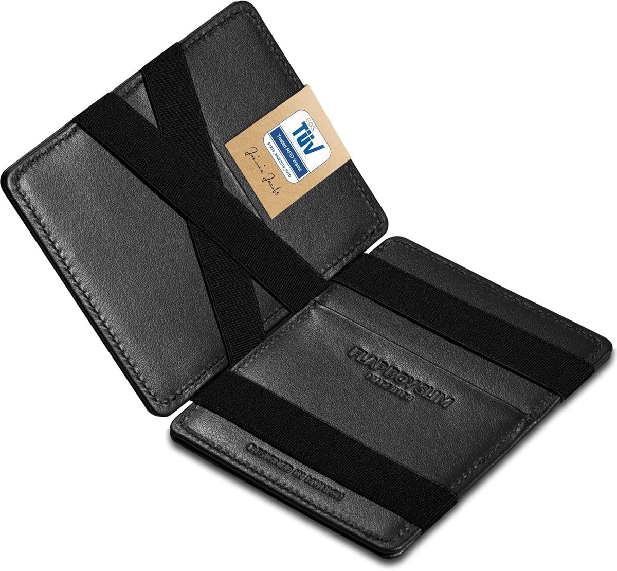 Jaimie Jacobs Flap Boy Slim - The Original - Magische portemonnee Slanke portemonnee RFID-bescherming voor mannen Geldclip Kleine slanke portemonnee Cadeau Echt leer Flap Boy Slim, 01 zwart