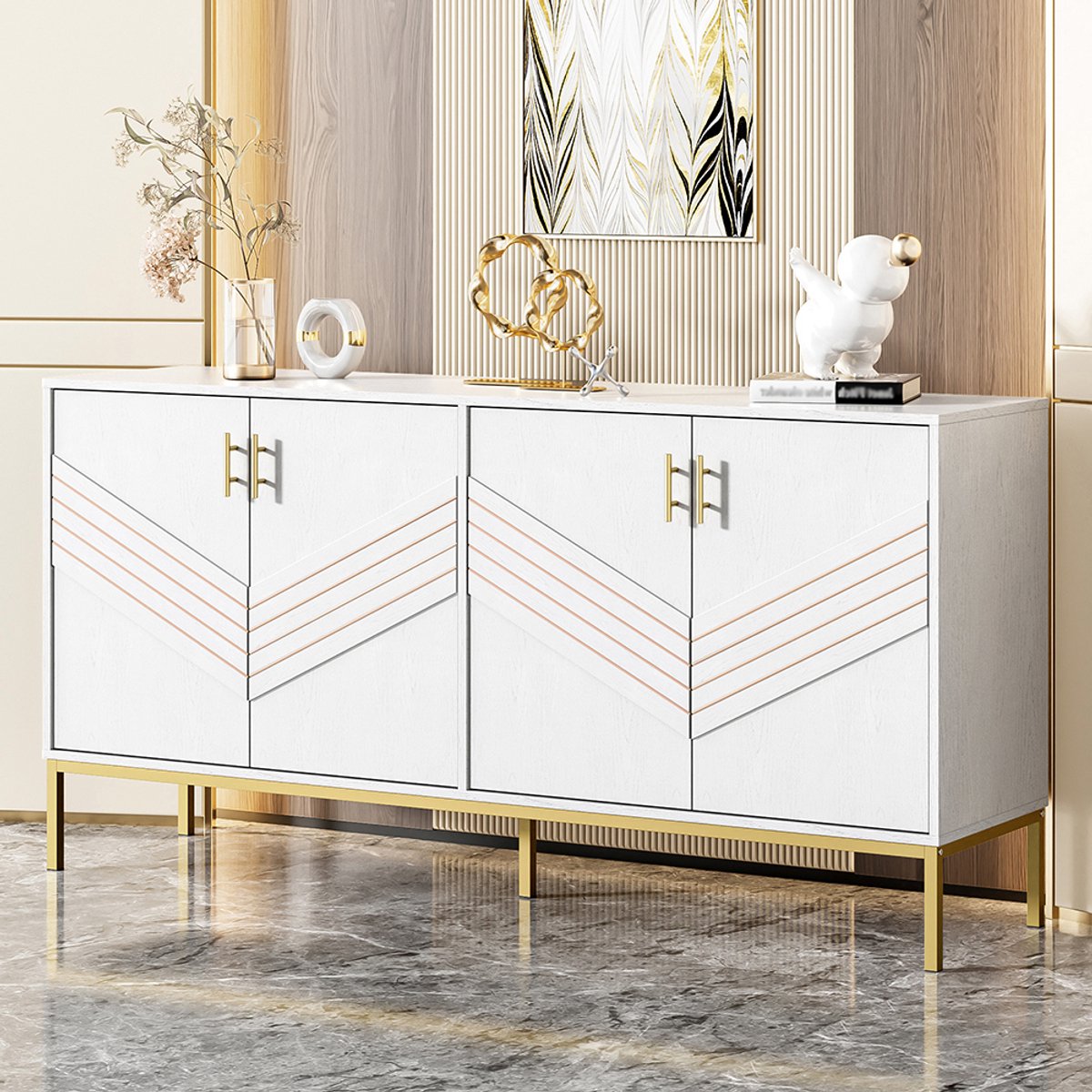 BLACKCOLORS - Buffetkast - Met 4 deuren - Elegant ontwerp - Wit en goud - MDF-romp - Metalen poten - Grote capaciteit - In hoogte verstelbare planken - Voor woonkamer - Voor eetkamer - Voor hal
