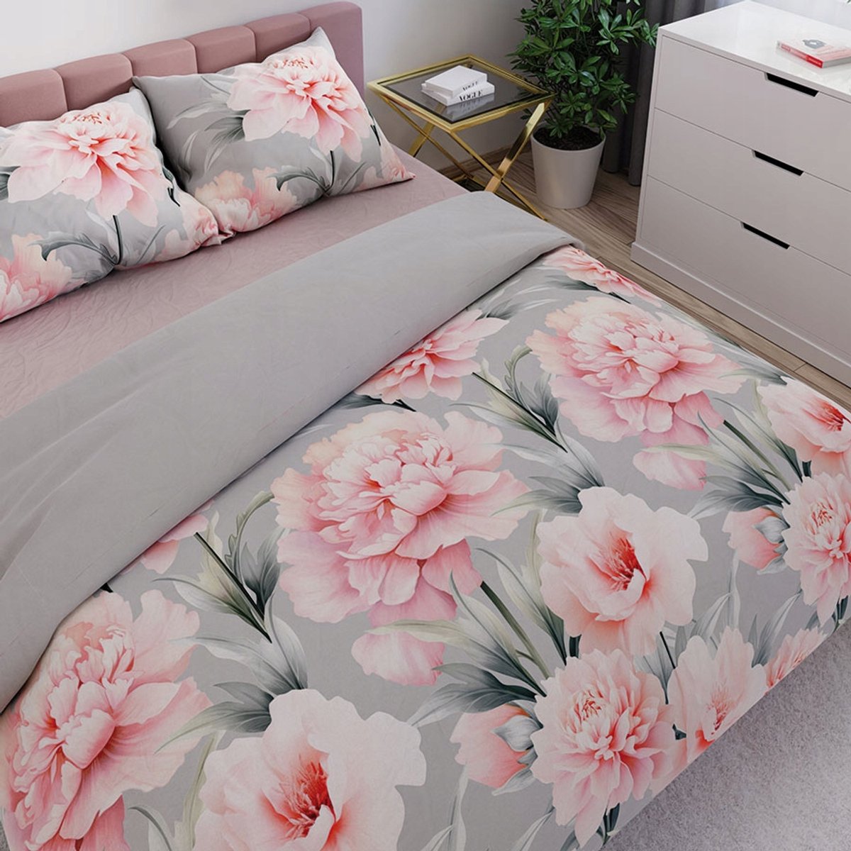 Marigold Katoen Satijn Beddengoed Set 160x200cm Roze Bloem