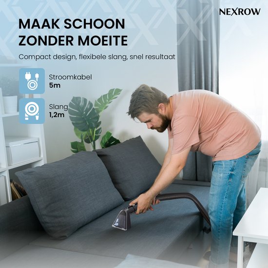 Man reinigt bank met NEXROW vlekkenreiniger. Compact design, 5m stroomsnoer en 1.2m slang.