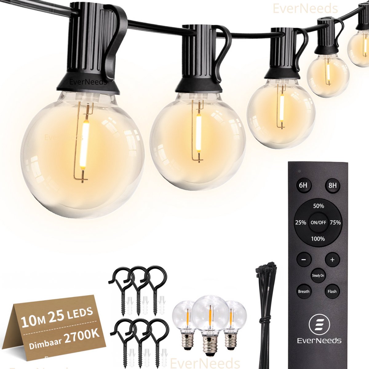Bol.com EverNeeds G40 Lichtsnoer Buiten - Prikkabel 10m - 25 LED - IP44 - Dimbaar met Afstandsbediening - Lichtslinger - Sfeerve... aanbieding