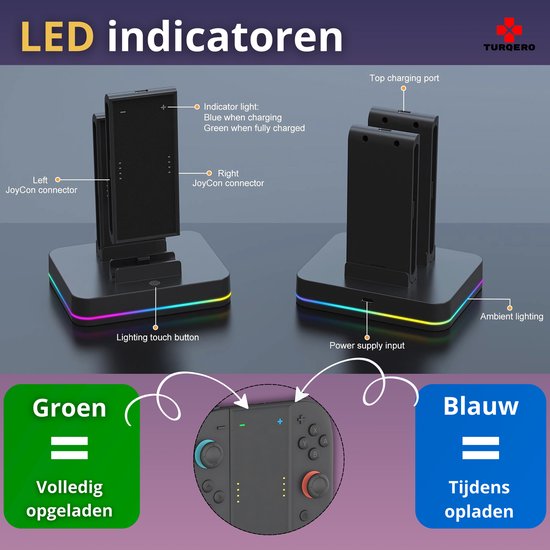 Zwarte oplaaddock met LED-indicatoren en RGB-randverlichting. Groen betekent volledig opgeladen, blauw tijdens het opladen.